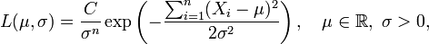 L(\mu,\sigma) = \frac C{\sigma^n} \exp\left(-{\sum_{i=1}^n (X_i-\mu)^2 \over 2\sigma^2}\right),
\quad\mu\in\mathbb{R},\ \sigma>0,