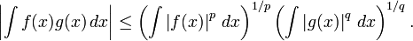 \left|\int f(x)g(x)\,dx\right| \leq
\left(\int \left|f(x)\right|^p\,dx \right)^{1/p} \left(\int\left|g(x)\right|^q\,dx\right)^{1/q}.