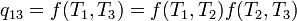 q_{13} = f(T_1,T_3) = f(T_1,T_2)f(T_2,T_3)