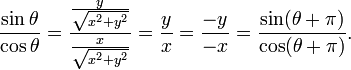 \frac{\sin \theta }{\cos \theta } = \frac{\frac{y}{\sqrt{x^2 + y^2}}}{\frac{x}{\sqrt{x^2 + y^2}}} = \frac{y}{x} = \frac{-y}{-x} = \frac{\sin (\theta + \pi)}{\cos (\theta + \pi) }.