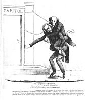 Cartoon image of an older man riding on the back of another older man and stumbling toward the steps of a building labeled