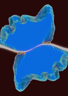 Central star has elongated S shaped curve of white emanating in opposite directions to the edge. A butterfly-like area surrounds the S shape with the S shape corresponding to the body of the butterfly.