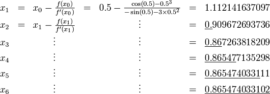 \begin{matrix}
x_1 & = & x_0 - \frac{f(x_0)}{f'(x_0)} & = & 0.5 - \frac{\cos(0.5) - 0.5^3}{-\sin(0.5) - 3 \times 0.5^2} & = & 1.112141637097 \\
x_2 & = & x_1 - \frac{f(x_1)}{f'(x_1)} & & \vdots & = & \underline{0.}909672693736 \\
x_3 & & \vdots & & \vdots & = & \underline{0.86}7263818209 \\
x_4 & & \vdots & & \vdots & = & \underline{0.86547}7135298 \\
x_5 & & \vdots & & \vdots & = & \underline{0.8654740331}11 \\
x_6 & & \vdots & & \vdots & = & \underline{0.865474033102}
\end{matrix}