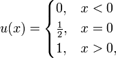 u(x) =
\begin{cases} 0, & x < 0
\\ \frac{1}{2}, & x = 0
\\ 1, & x > 0,
\end{cases}