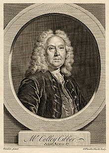Line engraving of a pudgy late-middle-aged man from the 18th century, wearing a full wig, velvet jacket, waistcoat and cravat, looking through a faux-architectural roundel, above a plinth bearing his name: Mr Colley Cibber, Anno &AElig;tatis 67.