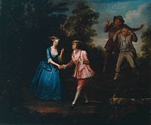 A woman meets a man in a sylvan scene. She wears a blue silk dress, and he&mdash;an actress dressed as a man&mdash;wears a pink silk jacket and breeches, with white stockings and silver-buckled shoes. They each solicitously clasp the other's right hand, while two rude men in more humble attire look on.