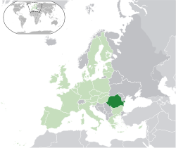 Location of Romania (dark green): on the European continent in the European Union