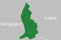 Location of Liechtenstein (green)in between Switzerland and Austria (grey)