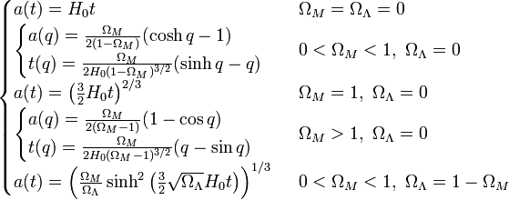 \begin{cases}
a(t) = H_0 t & \Omega_M = \Omega_\Lambda = 0 \\
\begin{cases} a(q) = \tfrac{\Omega_M}{2(1-\Omega_M)} (\cosh q - 1) \\ t(q) = \tfrac{\Omega_M}{2H_0(1-\Omega_M)^{3/2}} (\sinh q - q) \end{cases} & 0 < \Omega_M < 1,\ \Omega_\Lambda = 0 \\
a(t) = \left( \tfrac32 H_0 t \right)^{2/3} & \Omega_M = 1,\ \Omega_\Lambda = 0 \\
\begin{cases} a(q) = \tfrac{\Omega_M}{2(\Omega_M-1)} (1-\cos q) \\ t(q) = \tfrac{\Omega_M}{2H_0(\Omega_M-1)^{3/2}} (q - \sin q) \end{cases} & \Omega_M > 1,\ \Omega_\Lambda = 0 \\
a(t) = \left( \tfrac{\Omega_M}{\Omega_\Lambda} \sinh^2 \left( \tfrac32 \sqrt{\Omega_\Lambda} H_0 t \right) \right)^{1/3} & 0 < \Omega_M < 1,\ \Omega_\Lambda = 1 - \Omega_M
\end{cases}