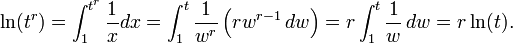 \ln(t^r) = \int_1^{t^r} \frac{1}{x}dx = \int_1^t \frac{1}{w^r} \left(rw^{r - 1} \, dw\right) = r \int_1^t \frac{1}{w} \, dw = r \ln(t).