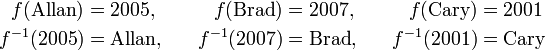 \begin{align}
f(\text{Allan})&=2005 , \quad & f(\text{Brad})&=2007 , \quad & f(\text{Cary})&=2001 \\
f^{-1}(2005)&=\text{Allan} , \quad & f^{-1}(2007)&=\text{Brad} , \quad & f^{-1}(2001)&=\text{Cary}
\end{align}