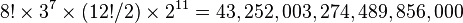 {8! \times 3^7 \times (12!/2) \times 2^{11}} = 43,252,003,274,489,856,000