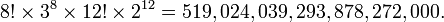 {8! \times 3^8 \times 12! \times 2^{12}} = 519,024,039,293,878,272,000.
