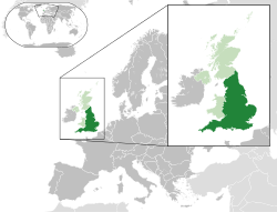 Location of England (dark green)– in European continent (light green & dark grey)– in United Kingdom (light green)