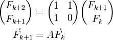 \begin{align}
{F_{k+2} \choose F_{k+1}} &= \begin{pmatrix} 1 & 1 \\ 1 & 0 \end{pmatrix} {F_{k+1} \choose F_{k}} \\
\vec F_{k+1} &= A \vec F_{k}
\end{align}