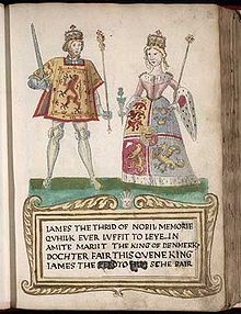 A picture on a page in an old book. A man at left wears tights and a tunic with a lion rampant design and holds a sword and scepter. A woman at right wears a dress with an heraldic design bordered with ermine and carries a thistle in one hand and a scepter in the other. They stand on a green surface over a legend in Scots that begins