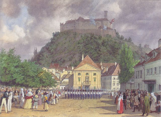 File:Leander Russ - Parade zur Begr&uuml;&szlig;ung des Kaisers in Laibach - 1845.jpeg