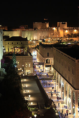 File:Old city walls and mamilla ave. at night - as seen from