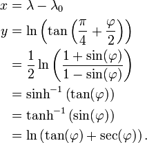 \begin{align}
x & = \lambda - \lambda_0 \\
y & = \ln \left(\tan \left(\frac{\pi}{4} + \frac{\varphi}{2} \right) \right) \\
& = \frac {1} {2} \ln \left( \frac {1 + \sin(\varphi)}{1 - \sin(\varphi)} \right) \\
& = \sinh^{-1} \left( \tan(\varphi)\right) \\
& = \tanh^{-1} \left( \sin(\varphi)\right) \\
& = \ln \left(\tan(\varphi) + \sec(\varphi)\right).
\end{align}