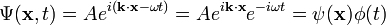\Psi(\mathbf{x},t) = Ae^{i(\mathbf{k}\cdot\mathbf{x}- \omega t)} = Ae^{i \mathbf{k} \cdot \mathbf{x}}e^{-i\omega t} = \psi(\mathbf{x}) \phi(t)