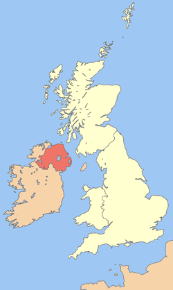 Location of Northern Ireland (red)in the United Kingdom (light yellow)
