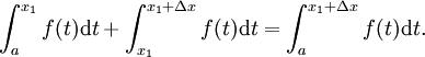 \int_{a}^{x_1} f(t) \mathrm dt + \int_{x_1}^{x_1 + \Delta x} f(t) \mathrm dt = \int_{a}^{x_1 + \Delta x} f(t) \mathrm dt.
