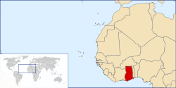 Location of Ghana (dark red)in Western Africa (light yellow)