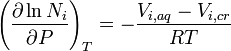 \left(\frac{\partial \ln N_i}{\partial P} \right)_T = -\frac{V_{i,aq}-V_{i,cr}} {RT}