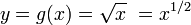 y = g(x) = \sqrt{x}\ = x^{1/2}\,